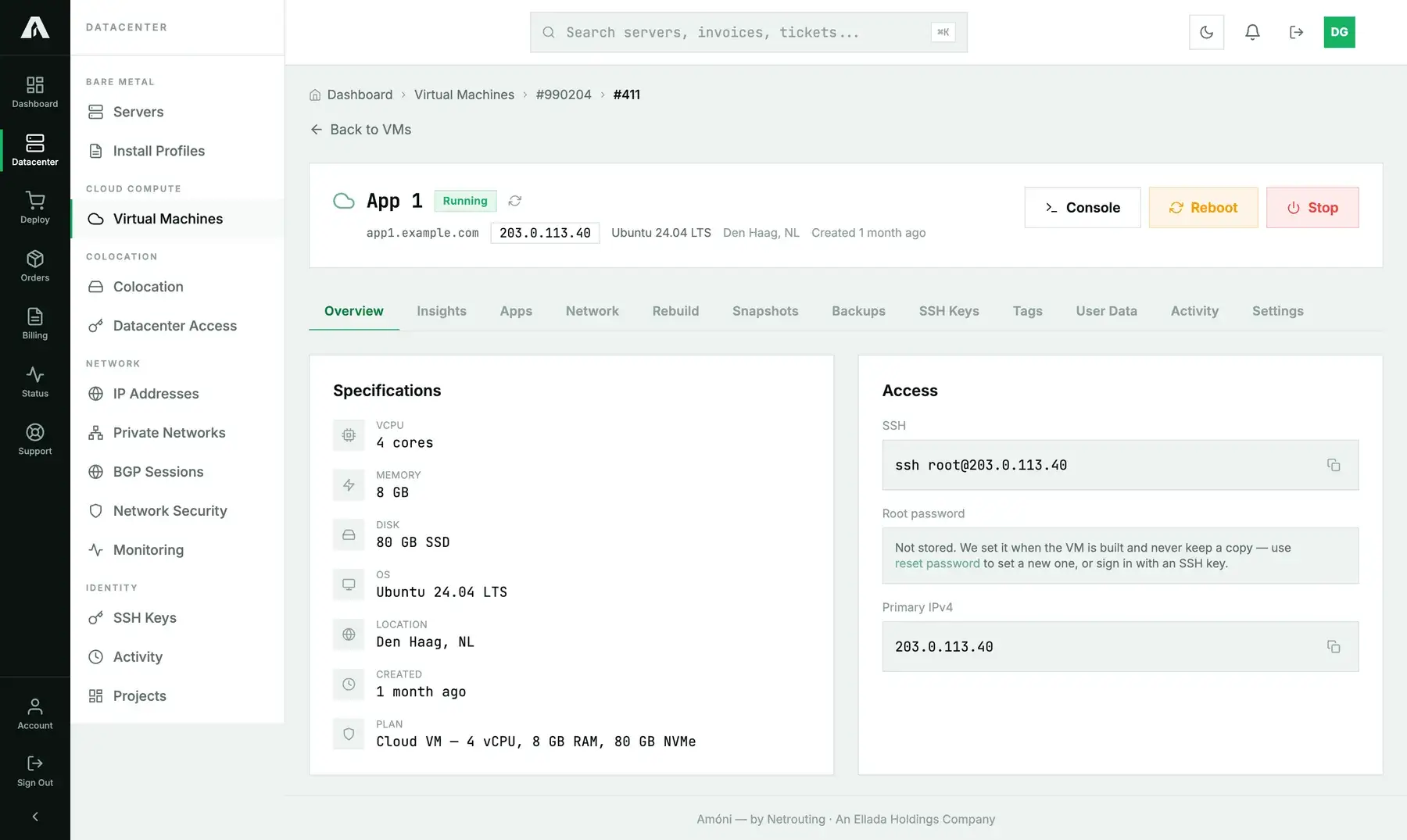 A cloud instance page in the Amóni portal showing the Running badge, hostname, primary IP and the Console, Reboot and Stop buttons