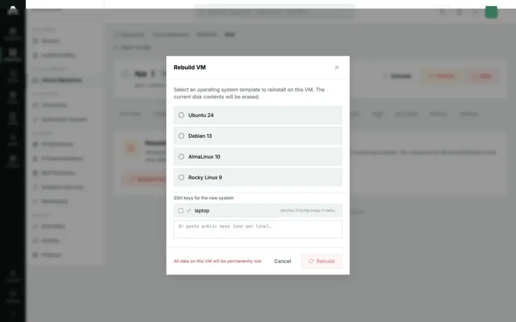 The Rebuild VM dialog in the Amóni portal: a list of operating system templates to choose from, stored SSH keys to tick or paste, a red warning that all data on the VM will be lost, and Cancel and Rebuild buttons