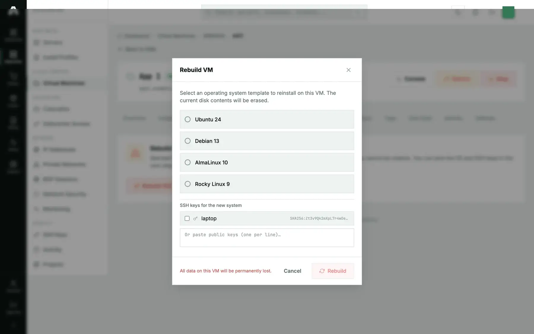 The Rebuild VM dialog in the Amóni portal: a list of operating system templates to choose from, stored SSH keys to tick or paste, a red warning that all data on the VM will be lost, and Cancel and Rebuild buttons