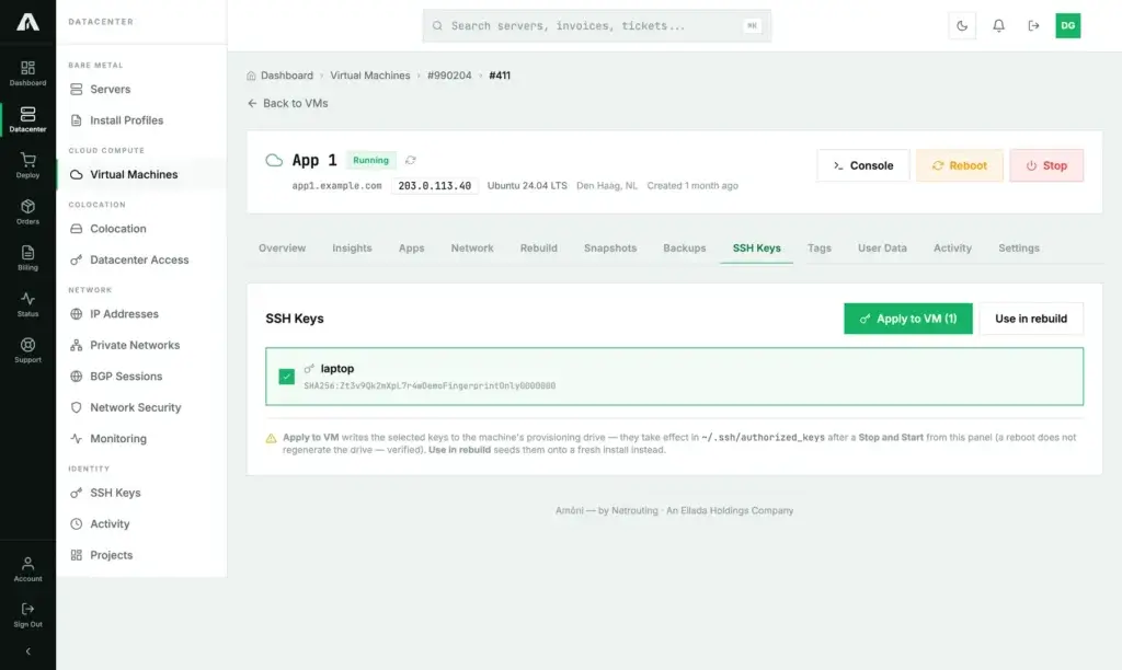The SSH Keys tab of a cloud instance in the Amóni portal: the stored key laptop ticked, an Apply to VM (1) button, a Use in rebuild button, and a note that keys take effect after a Stop and Start