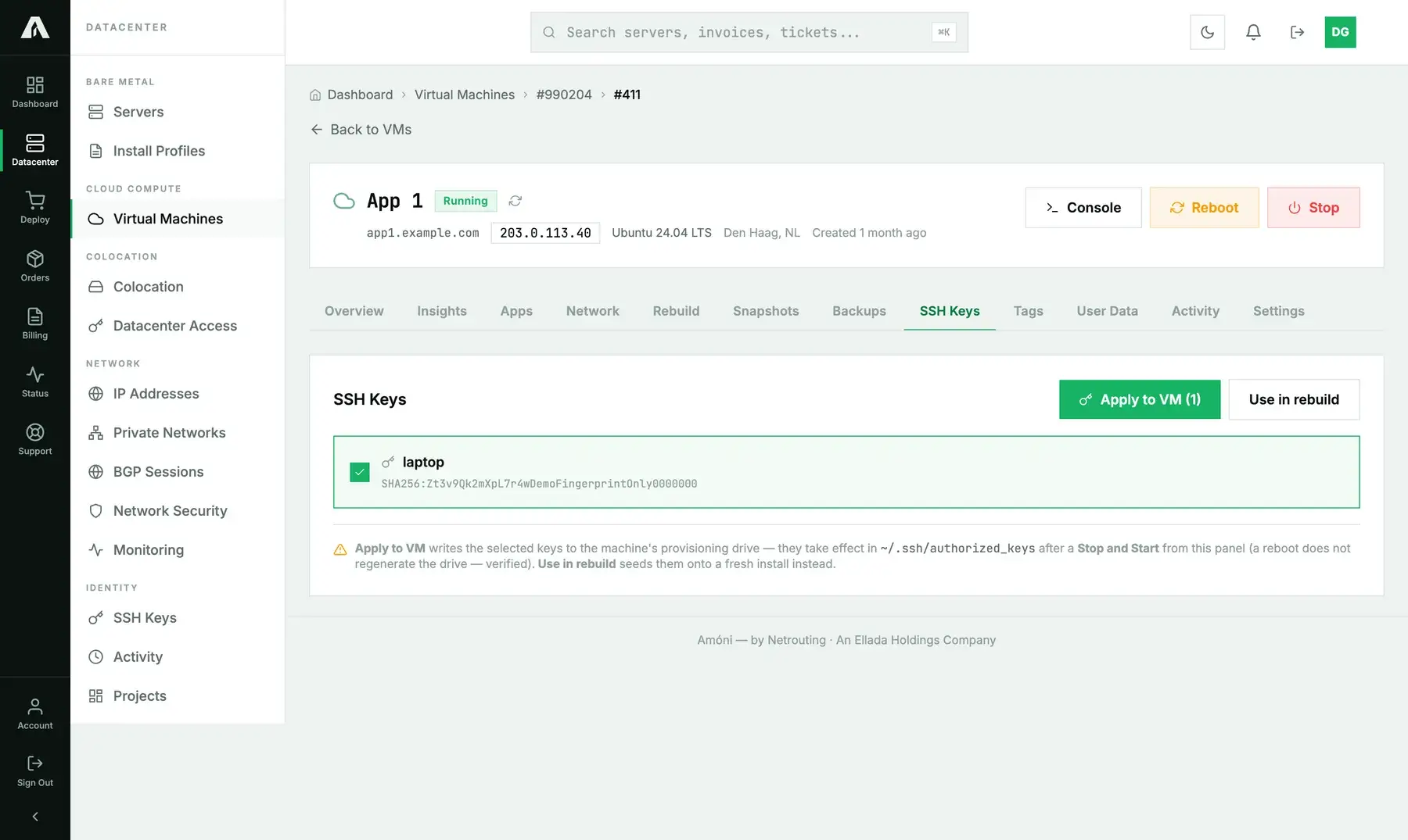The SSH Keys tab of a cloud instance in the Amóni portal: the stored key laptop ticked, an Apply to VM (1) button, a Use in rebuild button, and a note that keys take effect after a Stop and Start