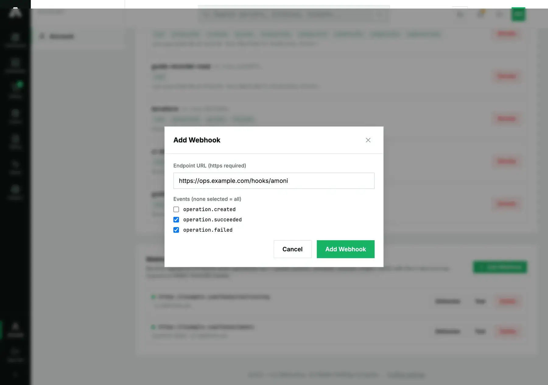 The Add Webhook dialog: an endpoint URL field requiring https, and event checkboxes for operation.succeeded and operation.failed