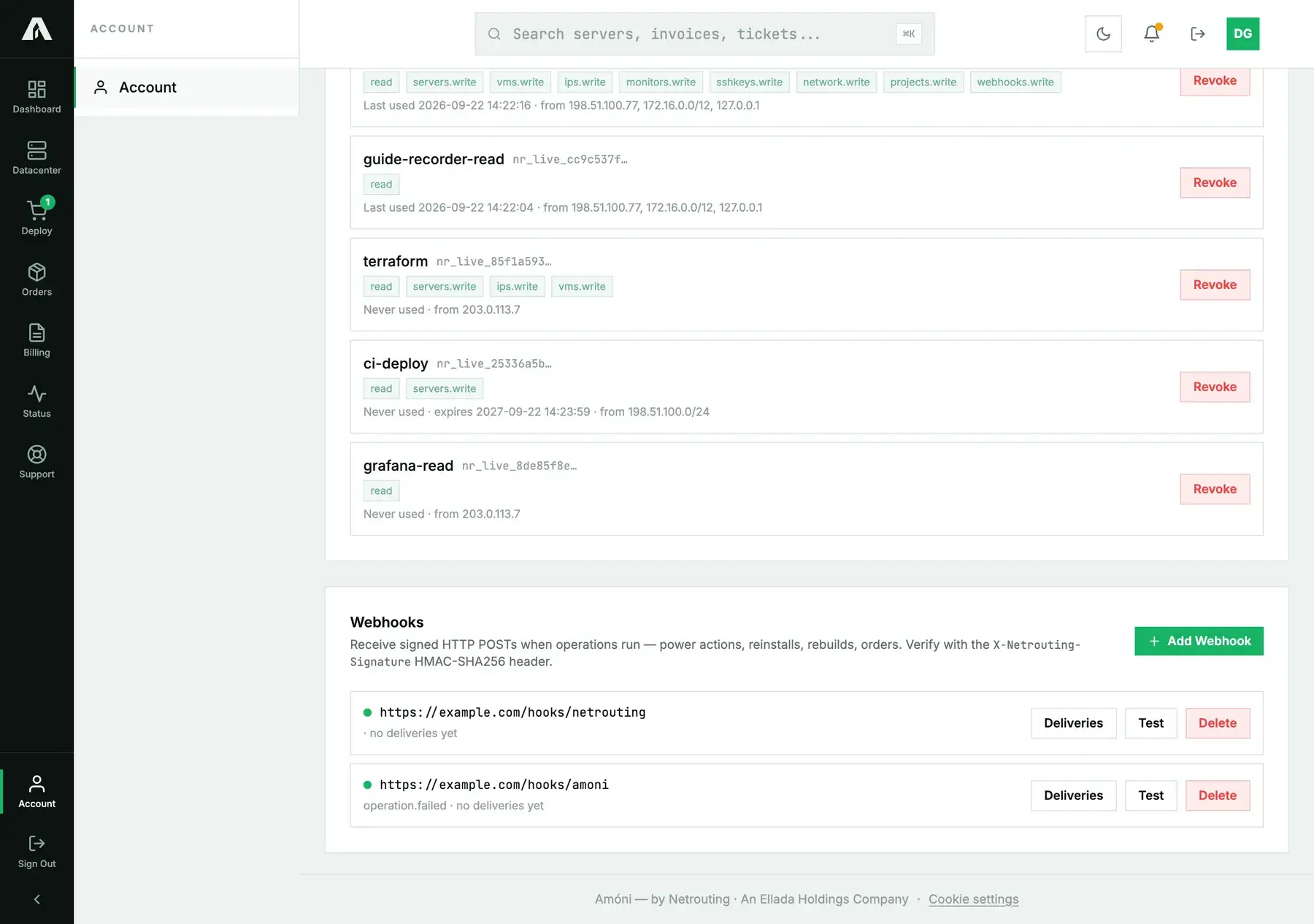 The Webhooks section in Amóni Account, listing two subscribed endpoint URLs, each with Deliveries, Test and Delete buttons