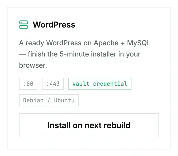 The WordPress card in the App Library on a cloud instance's Apps tab, with its Debian / Ubuntu label and the Install on next rebuild button